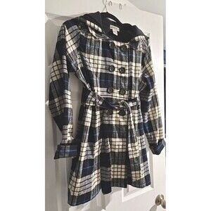 Rare Vtg L Blue White Plaid Pea Coat Pettycoat Dbl breasted Belted Pkts 42X32